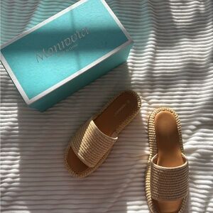 Monrovia Tan Woven Raffia Straw Platform Slides resort wear beach vacation